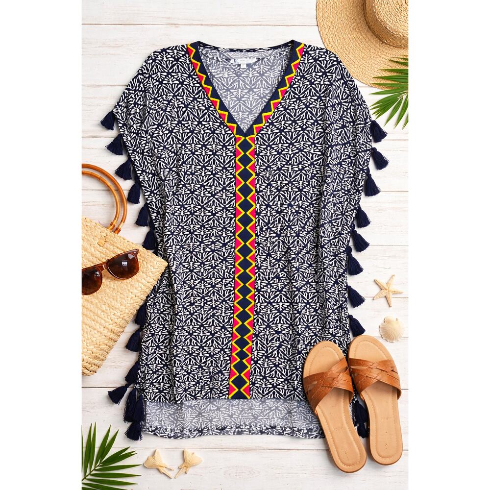 Escapada Living Tassel Tunic Top Large Black White Print Neon Trim Boho Resort